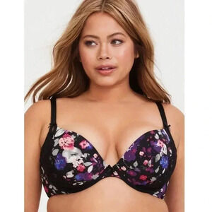 Torrid Black Floral Microfiber & Lace Push-Up Plunge Bra Size 44 DDD